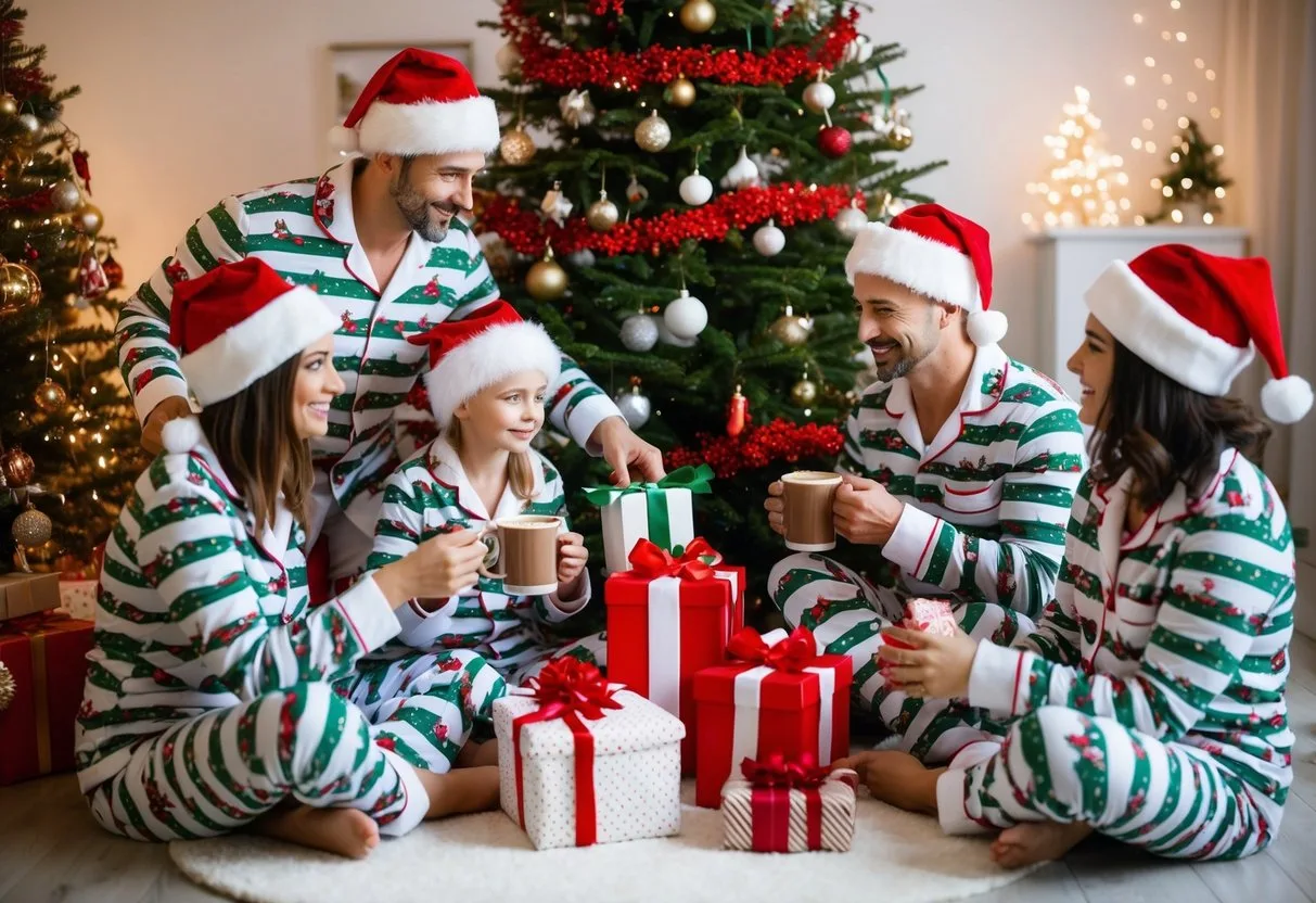 En familie i matchende julepyjamas samles rundt om et dekoreret træ drikker varm kakao og udveksler gaver